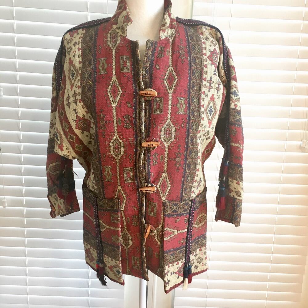 Vintage Southwestern Tapestry Jacket Womens Large Boho Aztec Toggle Tassel Coat